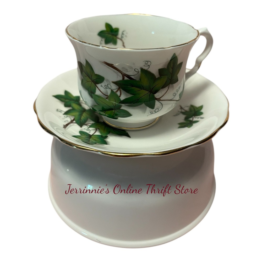 Royal Kent Bone China Tea Cup‎ Saucer Set Green Ivy Gold Trim Vintage